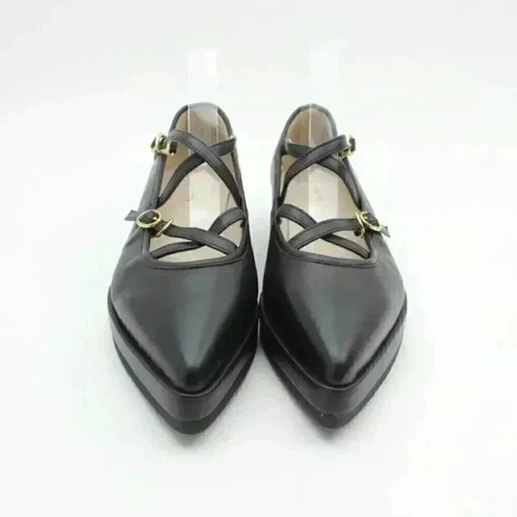 FREE PEOPLE Kriss Kross Black Leather Point Toe Chunky Mary Jane Flats - Picture 4 of 9